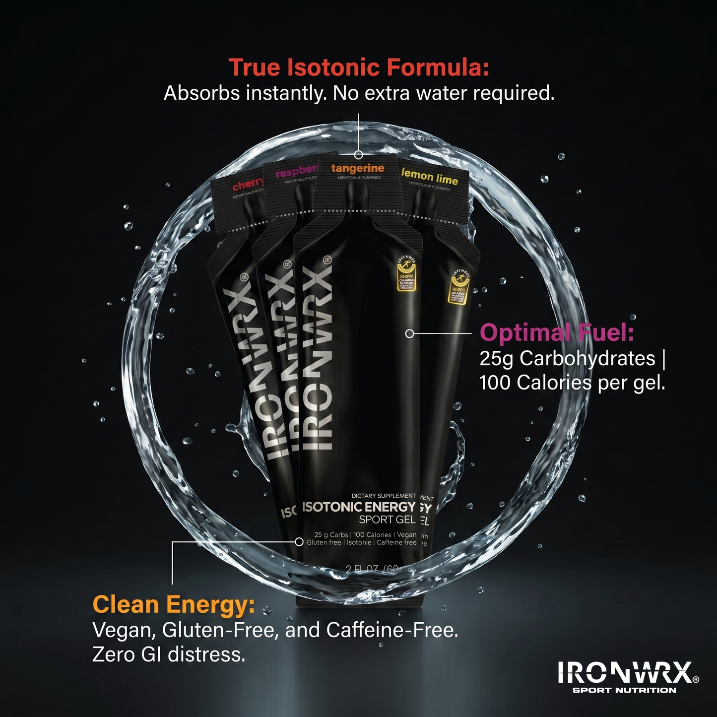 Isotonic Energy Gels, Single-Serve – Fast Fuel for Endurance & Race Performance with Electrolytes, Carbs, Vitamin C | IRONWRX