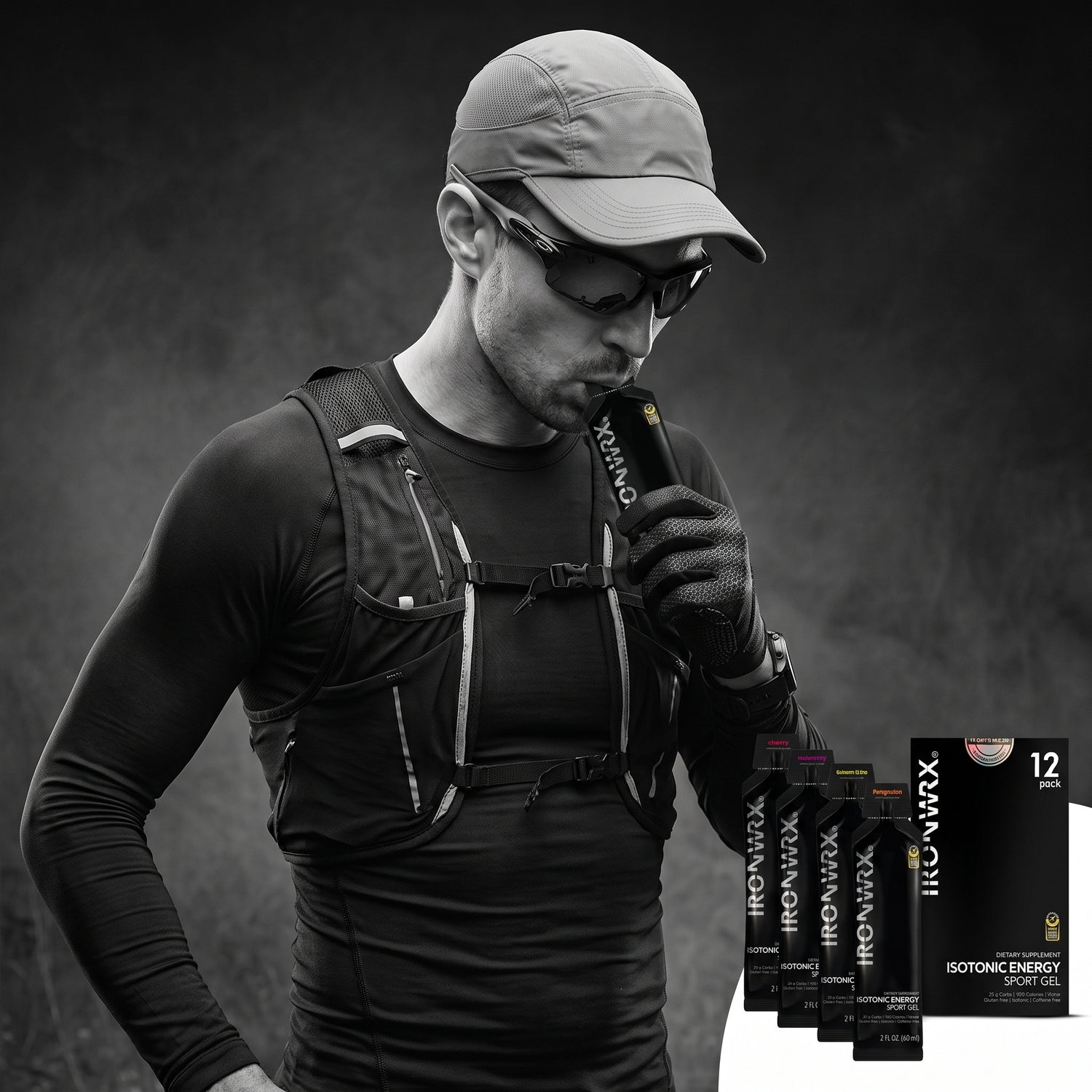 A man in running attire wearing a cap, sunglasses, and a hydration backpack is shown drinking from a black ION-Wrap sports drink bottle. Four more ION-Wrap bottles are lined up on a white surface in the lower right corner against a dark, textured studio background.